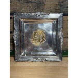🔥ANTIQUE SILVER PLATED EMBOSSED CARD TRAY Monogram Square Footed 8” Patina